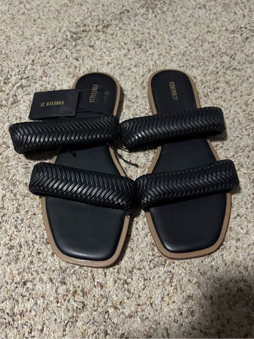 Forever 21 Slide‎ Sandals Womens 10 Black Braided Square Toe Faux Leather Flat